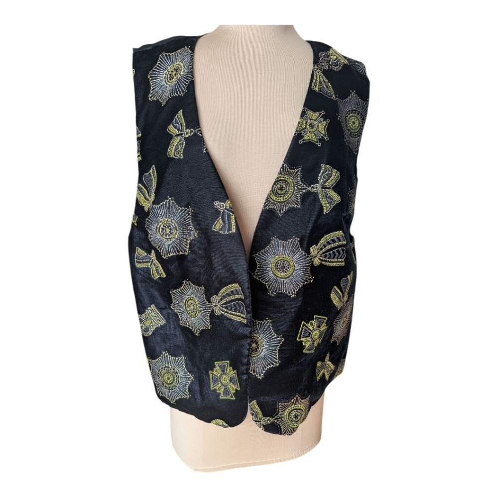 Vtg 90s Black Velvet Gold Embroidered Sunburst Bow Vest Metallic Womens Sz 18